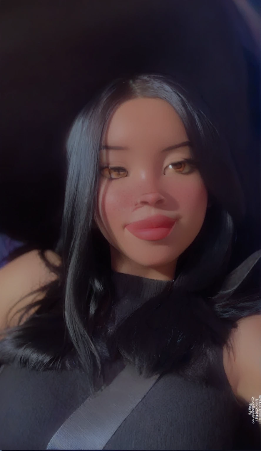 Woman with black hair, brown eyes and red cheeks