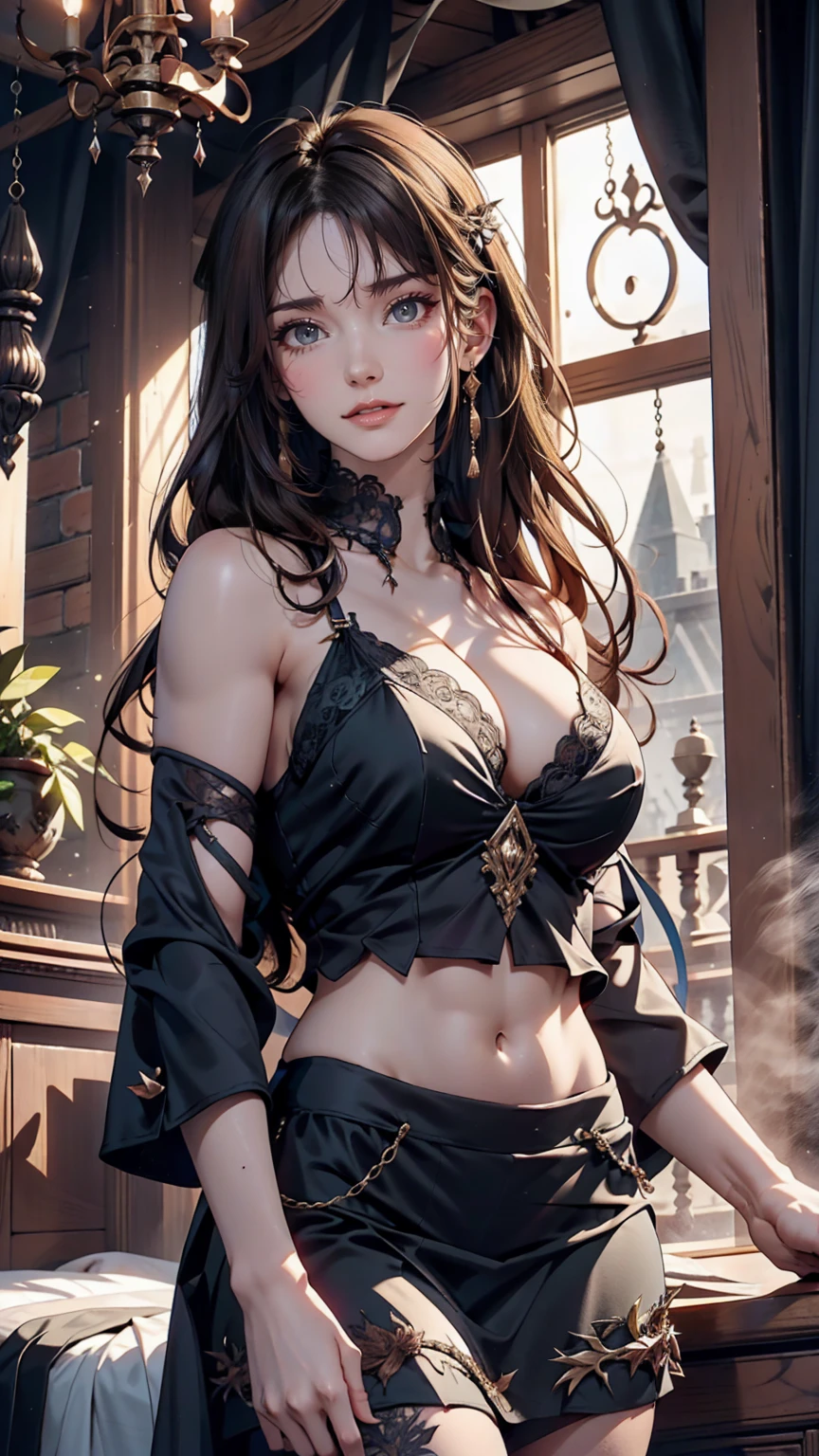 Vast angles, View from the summit, Inside Guldur Valley, Dark floor, First floor with balcony and a view of the abyss, And the floor below the madness staircase, Thorn, Spike Wall. Spooky illustrations, Overly detailed, 8K resolution. Horror Art.24-year-old woman、long hair、Straight Hair、Brown Hair、Purple inner color、Wear off-the-shoulder tops、Cleavage Emphasis、Wear a low-rise mini skirt