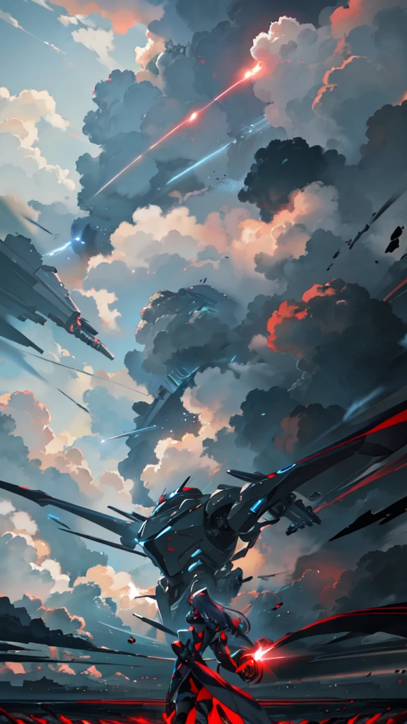 A colossal robot standing in the midst of a violent thunderstorm. The robot has a powerful and intimidating presence with a sleek, armored body in shades of dark blue and red. Its eyes are glowing brightly, and a radiant energy core is visible on its chest. Lightning bolts are striking around and onto the robot, illuminating the scene with intense, dramatic light. The robot’s cape is tattered and flutters in the fierce wind. The background is filled with dark, stormy clouds, with occasional bursts of lightning cutting through the sky. The overall atmosphere is intense and electrifying, conveying a sense of epic power and dominance.