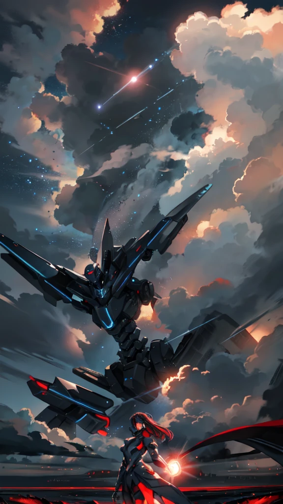 A colossal robot standing in the midst of a violent thunderstorm. The robot has a powerful and intimidating presence with a sleek, armored body in shades of dark blue and red. Its eyes are glowing brightly, and a radiant energy core is visible on its chest. Lightning bolts are striking around and onto the robot, illuminating the scene with intense, dramatic light. The robot’s cape is tattered and flutters in the fierce wind. The background is filled with dark, stormy clouds, with occasional bursts of lightning cutting through the sky. The overall atmosphere is intense and electrifying, conveying a sense of epic power and dominance.