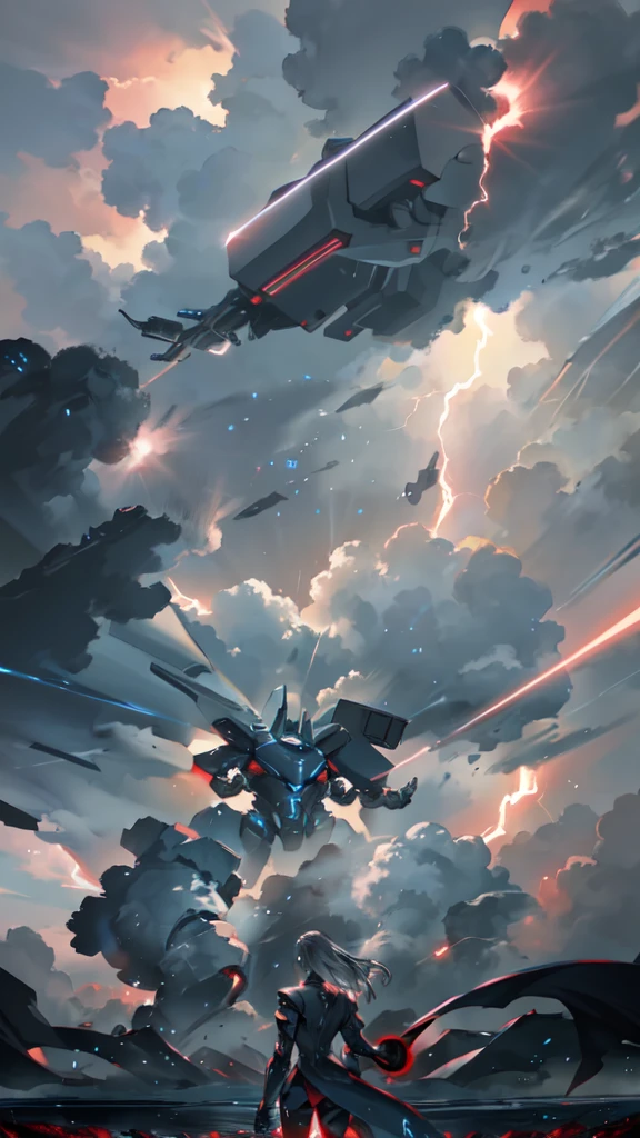 A colossal robot standing in the midst of a violent thunderstorm. The robot has a powerful and intimidating presence with a sleek, armored body in shades of dark blue and red. Its eyes are glowing brightly, and a radiant energy core is visible on its chest. Lightning bolts are striking around and onto the robot, illuminating the scene with intense, dramatic light. The robot’s cape is tattered and flutters in the fierce wind. The background is filled with dark, stormy clouds, with occasional bursts of lightning cutting through the sky. The overall atmosphere is intense and electrifying, conveying a sense of epic power and dominance.