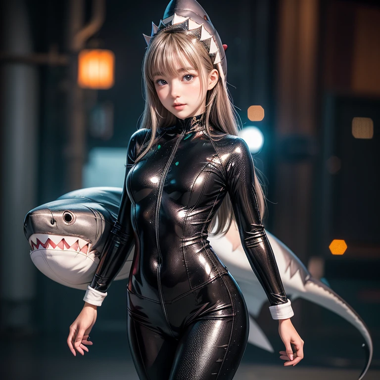  ((Skinny Shark BodySuit, (Stuffed shark head hat)with White Teeth)), 8k, High-level, absurd, masterpiece, best quality, primitive, very detailed CG, very detailed wallpaper, perfect lighting, Extremely detailed ((( personifying " Shark" as a  Girl))), MysticSight, Tyndall effect, Tyndall scattering, (Studio gray background with (Overflowing oodles Dazzling RainbowColorParticles (BokeH))), (Blood Red short hair, RoundlyButts, Leg Fins installed), (Exposed:0.4), (Assfocus with looking ahead) BREAK  (Acutance:0.88), (NOGIZAKA face variations) Extremely Detailed very KAWAII face variations, perfect anatomy, Childish, CaptivatingGaze ElaboratePupils detailed Eyes with (sparkling highlights:1.28), (Voluminous LongEyelashes:0.88)、GlossyRED Lips with beautiful details, RosyCheeks, Radiant PearlSkin with Transparency . { (Dynamic LifeLike expressions:1.4) | (:d) }, (large eyes:-1) . ((animal ears:-1.2))