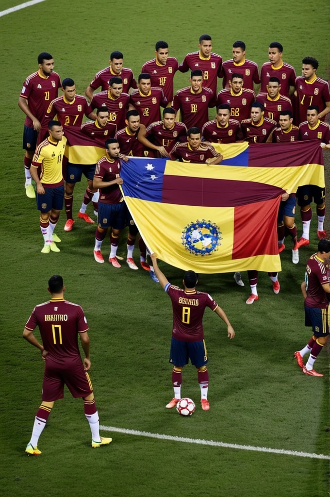 The Venezuelan team has all the vinotinto players present on a soccer field, all present, with a yellow blue and red banner saying hand I have faith 