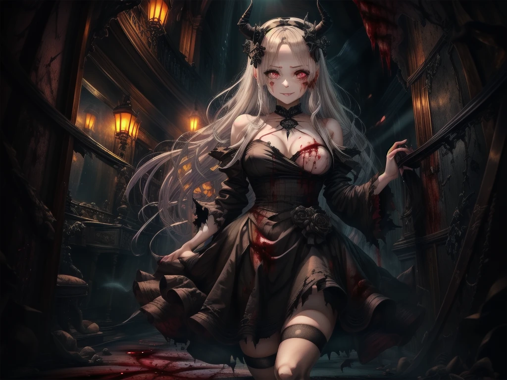 死んだ腐ったBloodに飢えた邪悪なzombie, Girl Venom, 黒い共bornborn物が付着している, Bloodまみれの, Evil look, Psychopathic, Torn clothes, Torn costume, sexy, reveal, Combat Stance, Very detailed, Vibrant appearance, Creative Action, Very detailed, Imaginative, Sensual, Voluntary, Small breasts, sexy, reveal, Highest quality, skinの質感, Intricate details, (Highest quality, masterpiece, 超High resolution), (8k wallpaper, High resolution, High resolution, born), (credibility: 1.4), (whole bodyショット), One girl, ((Anime Girls)),,(Bloodしぶき:1.6), ((Fantasy Witch Costume)), ((Flowing white hair)), ,(Bloodしぶき:1.6),Female curves, Large Breasts, Thick thighs, sexyな平らなお腹, 完璧なhand, 完璧なアニメのface, ((dark ta dress)), Are standing, ((Wicked Smile)), ,(Bloodしぶき:1.6),In the Victorian city, gaslight, Steam circulates, Moonlight Illumination, night間照明, A sky filled with stars and galaxies,disaster々new devil horns,,(Bloodしぶき:1.6),アニメzombie魔女デザイン, ねじれた笑face、Bloodまみれの、頭からの出Blood、Bloodしぶき、,(Bloodしぶき:1.6),Crossbones, skull, Streetwear Design, Provector, Horror Style, Full Design, Huge breasts, Very detailed, Realistic, Dark fantasy, Gloomy atmosphere, Intricate details, Crazy Smile, 狂ったeye, A cute and luxurious hair band,(masterpiece:1.2, Highest quality), Scary atmosphere、Distorted facial expressions、Horror Art、Bloodの雨、Bloodを流す、Bloodしぶき,(Bloodしぶき:1.6),悪魔のeye、redいeye、scar、火scar、whole body、Torn hair of a woman dressed in slave clothing、(Long Hair)、(eyeにかかる長さの前髪)、Black Hair、(((eyeの下のクマ)))、青白いskin、Feeling unwell、Pathological、邪悪な笑face、狂ったeye、(Grin)Dramatic makeup,Create mixed media art、,Horror 1 Girl, Open_mouth, , red_eye, Blood, Tilt_red_skin, Injury, Blood_in addition_face, Bandaged_arm, Blood_in addition_zombie, Blood_in addition_hand , Open your eyelids wide, The trend is all, mouthを大きくOpen, mouthを開けてteethをむき出しにする,獣のような鋭いteeth, Wide lips, 非常に広いmouth, Vermilion cheeks, blonde, ,(Bloodしぶき:1.6),Princess Cut, Ribbon hair ornament, brooch, Otaku Room, Well-built body, Nice body, Ample breasts, Thick body,eyeを大きく開いて、Scary atmosphere、Distorted facial expressions、ねじれた笑face、Bloodまみれの、頭からの出Blood、Bloodしぶき、whole body、,(Bloodしぶき:1.6),Long Hair、Long bangs、Well-built,Broad shoulders,I focus,(face),Messy Hair,いeye,(光るeye),red信号,笑face,big 笑face,teeth,psycho 笑face,gesugao,Dark city background,darkness,night,(close),良いeye, 良いteeth,サディスティックな笑face,,all,光沢のあるskin,詳細なface,Beautiful body, mouthからの白い息 Luxurious lace long gloves