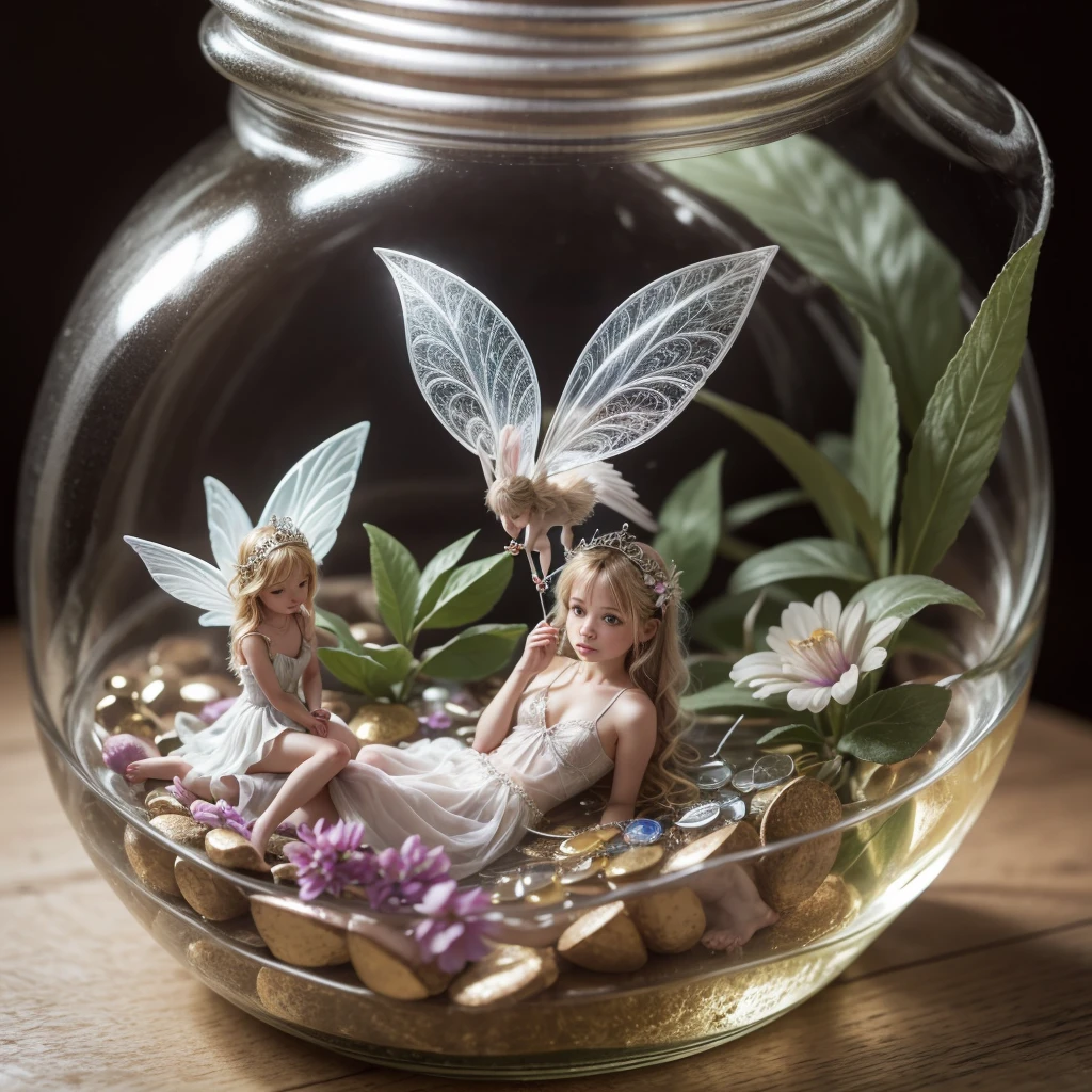 A small adult fairy locked inside a glass jar. beautiful fairy, detailed, Fancy. realist, tiny. Giant world, size difference.