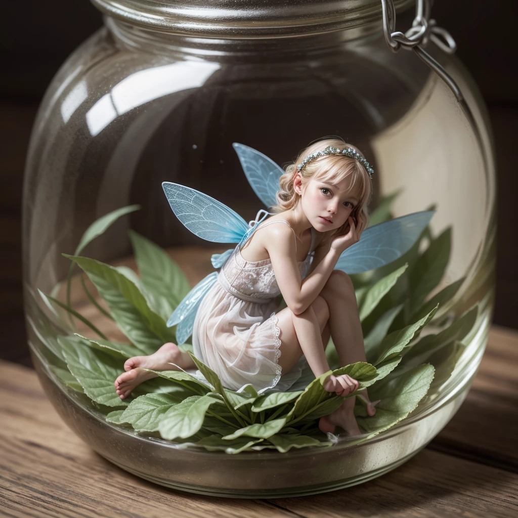 A small adult fairy locked inside a glass jar. beautiful fairy, detailed, Fancy. realist, tiny. Giant world, size difference.