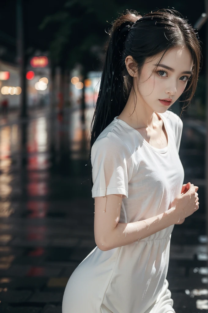 (((best quality))),(((ultra detailed))),(((masterpiece))),illustration,((1 beautiful girl,solo)),(dancing pose:1.3),((slim,thin)),short ponytail,((small breasts,flat chest)),floral collared short-sleeved shirt-dress,slender legs,rainy night, heavy rain, drenched clothes, melancholy expression, solitude, tear rolling down cheek, wet hair, empty streets, dimly lit, deserted environment, sound of rain, footsteps, symbol of hope, abandoned, resilience, determination, walking in rain, heartbreak, loss, love fading, loneliness, body language, facial expression, dreary atmosphere, rain-soaked streets, somber mood, viewer engagement,from front,urban scape,night scene,(((wet,sweat,shiny skin))),((from front,upper body)),
