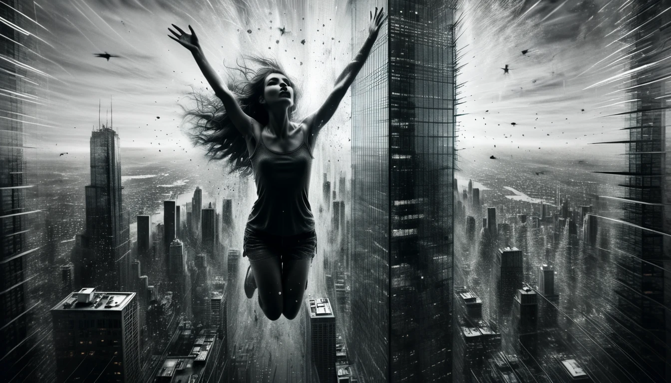 charcoal outline drawing, A close-up of a girl with outstretched arms falling from a glass skyscraper shrouded in darkness, reflection, Her form flickers, turning partially invisible, creating a haunting double exposure as she plummets, her expression a mix of fear and serenity against the backdrop of a fractured skyline