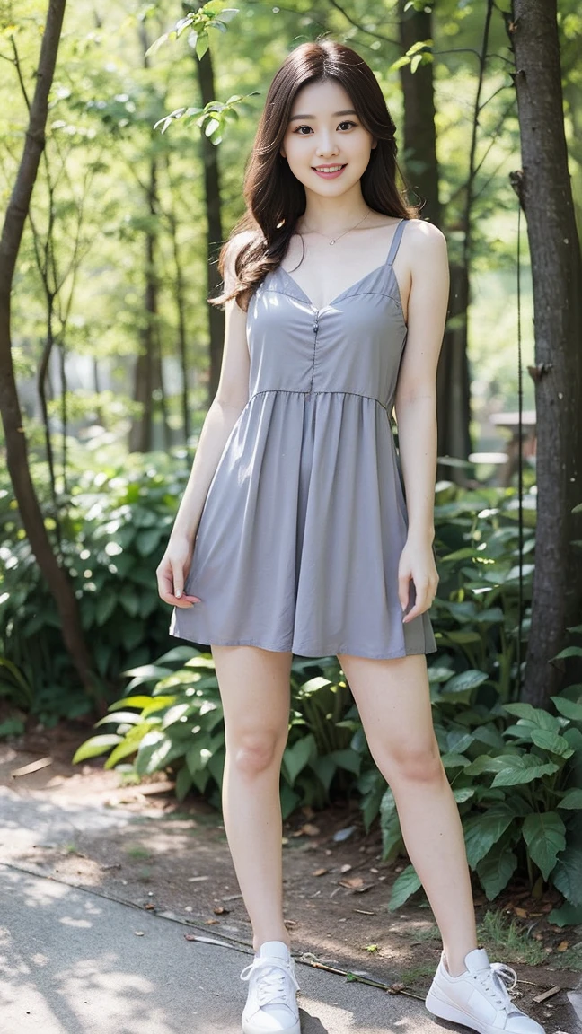 masterpiece, best quality, Surreal, Ultra Detailed, 8k resolution, RAW photos, Clear focus, (A girl in the forest), ((Light grey straight dress:1.1)), sports Shorts,Stand up,full-body shot,Full body posture, Solitary, Perfect body,Bangs to eyebrows、Beautiful brown hair、Beautiful and delicate eyes、Brown eyes、Raise an eyebrow、High Nose、Small nostril、Little mouth、Tempting lips、Mouth slightly open、Beautiful breasts、Full body、Oval face, Both eyes, Both eyes皮, Long eyebrows, Long eyelashes, A faint smile, Chest 32 inches,The face is good, Perfect proportion、Perfect Anatomy、Perfect composition、Beautiful and detailed shadows、beautiful natural light、beautiful detailed glow、Depth of Field,32 inches in the chest,(a charming smile:1), (sexy pose),26 years old,Stand up,full-body shot, light,White shoes