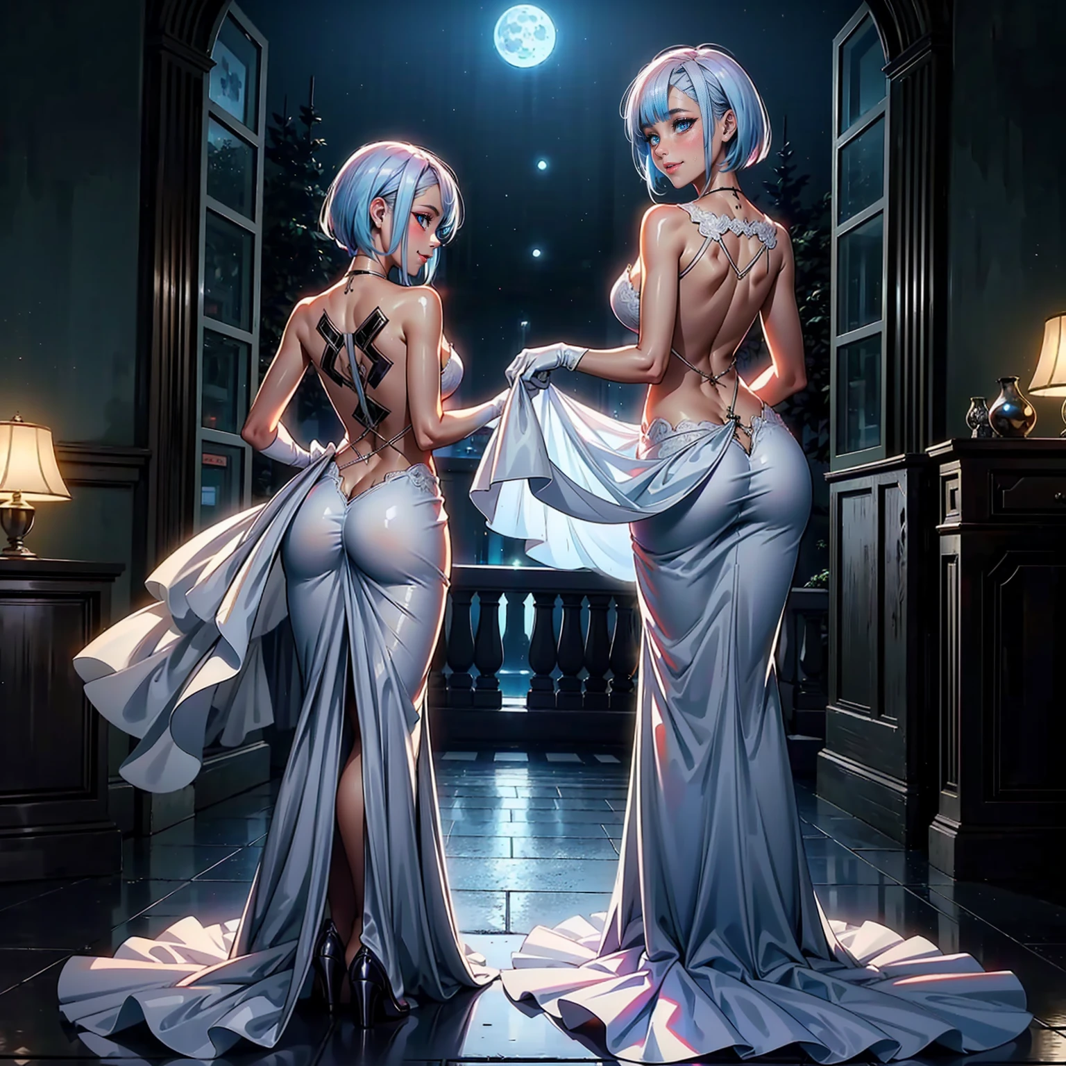 lucy \(cyberpunk\), ((colored hair, short hair, glowing blue eyes, wide eyes, lipstick, makeup, narrow waist, skinny, medium breasts, alone)), pelvic curtain, ((white dress,wedding dress, Scooped up the ass, gloves)), full body, perfect body, (insanely detailed, beautiful detailed face, masterpiece, best quality) , (((solo))), (((1girl))), (((mature))), (extremely detailed 8k paper CG wall unit: 1.1), (wedding, garden, night, moon), (smile face for the viewer), big ass, from back, behind