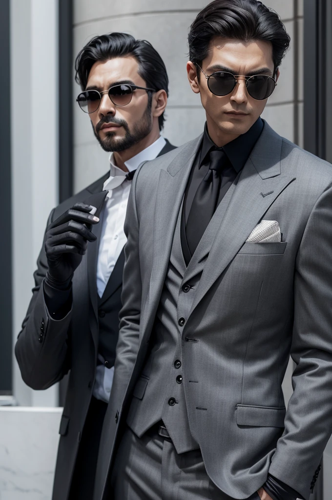 A tall, dark man wearing a gray suit and black gloves with round sunglasses 