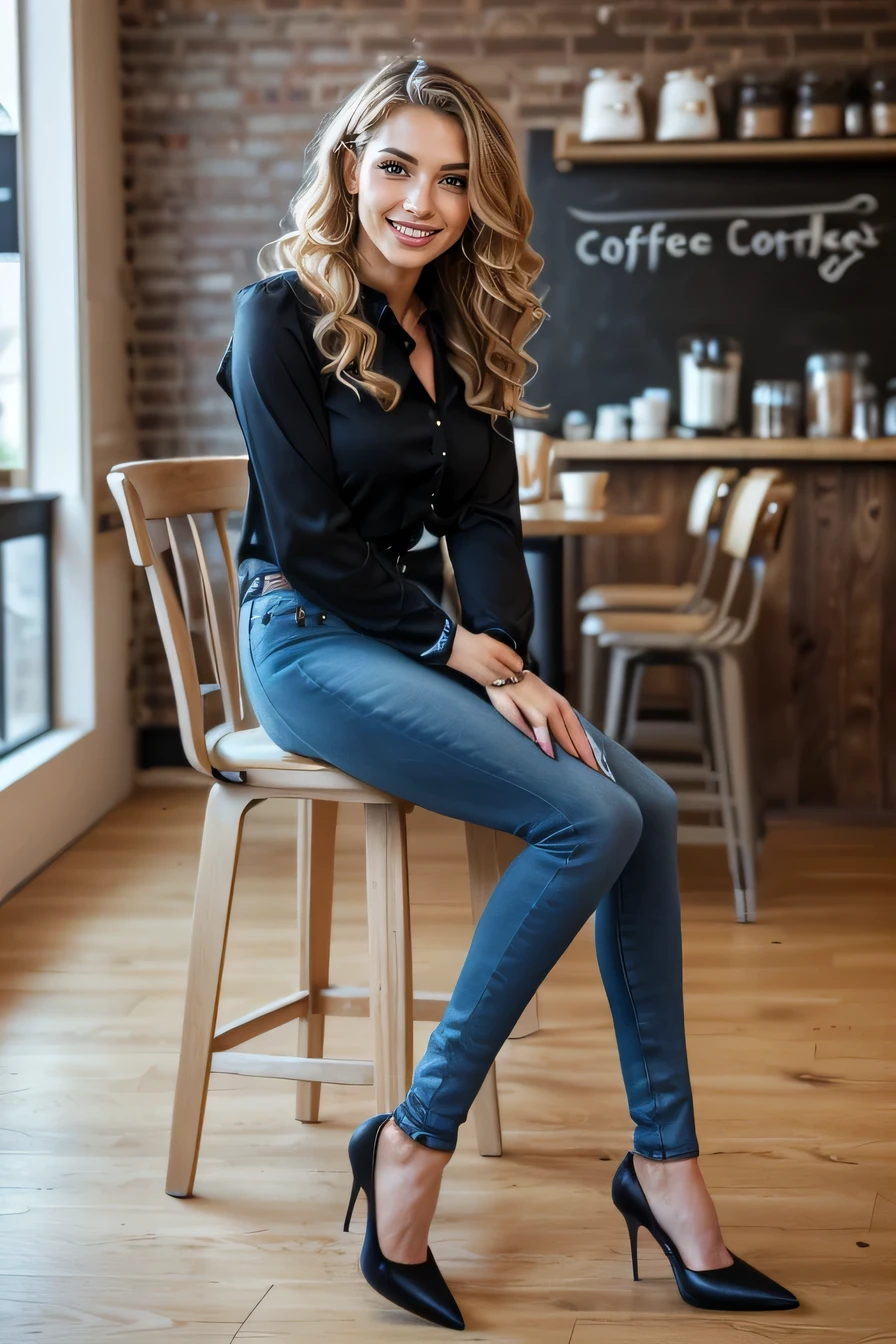 high quality,16K:1.1),((, German woman sitting on a chair in a coffee shop）, 、(Full Body Shot:1.2),(),Blonde wavy hair、、ear piercing、smile、Beautiful teeth alignment、((Long sleeve blouse、Skinny jeans、pumps)), ,(View your audience:1.3),The background is a coffee shop
