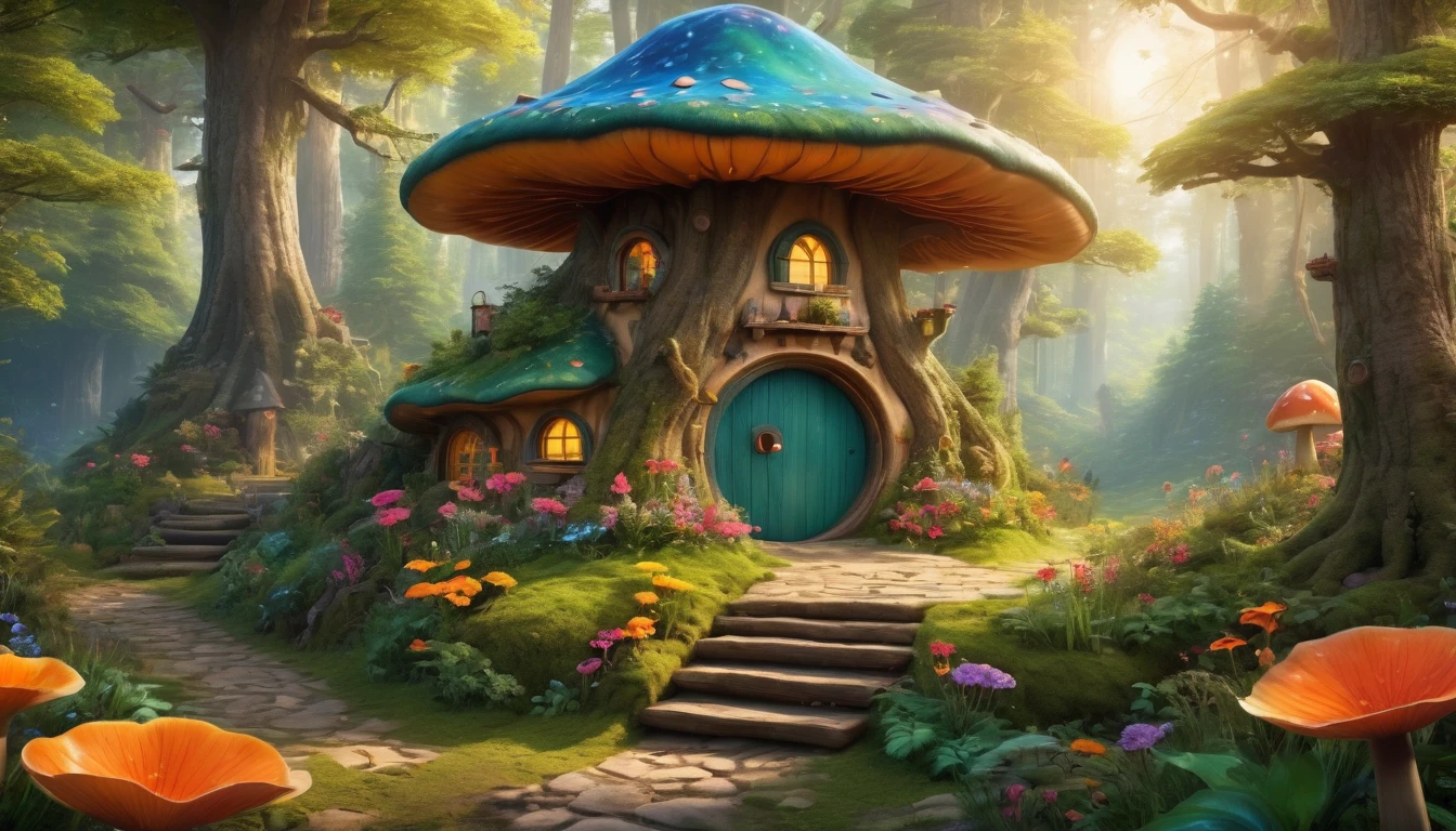 (Mysterious fantasy forest,Dense trees,A strange and cute little tree:1.5),A hobbit cabin, It is vividly depicted in the work (Best quality, 8K, Advanced resolution, Masterpiece: 1.2), With ultra-detailed detail, (1.4x realism, Photorealistic: 1.37). This fantasy forest is made up of bright colors,bathed in the warm glow of the sun, Create a cheerful and whimsical atmosphere. The house has been designed with great attention to detail, With a complex design and unique architecture, Similar to a mushroom-shaped house。 (This fantasy forest is surrounded by lush greenery and colorful flowers), Elevate a captivating and magical environment。 The artwork showcases an illustrative style, Inspired by children's book illustrations, Ensures a glamorous and nostalgic touch. The color palette consists of vibrant rainbow colors, Seven colors,Evoke feelings of joy and playfulness. Lighting accentuates the picturesque scene, Soft and warm shadows are created that add depth and warmth to the artwork. Every detail is impeccablely presented, creating a visually stunning masterpiece,Capture the essence of the fantasy forest.