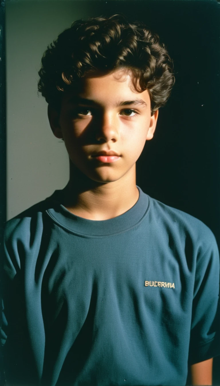 analog film photo, modern day photo of a young student, 14 years-old, male, brown-black hair, short curly quiff, brown eyes, caucasian, round face, oval-shaped jawline, bulbous nose, full lips, thick eyebrows, soft features, stocky broad frame, chubby, fat, resembles Gaten Matarazzo, (relaxed school uniform:1.1), silhouette, backlit, split lighting, half face in shadow, RAW Photograph, dslr, hard lighting, hard shadows, high quality, film grain, Fujifilm XT3, detailed skin with visible pores, insane details, masterpiece, 8k, 35mm photograph, dslr, kodachrome, faded film, desaturated, 35mm photo, grainy, vintage, Kodachrome, Lomography, stained, highly detailed, found footage, yearbook portrait, contemporary, 2024