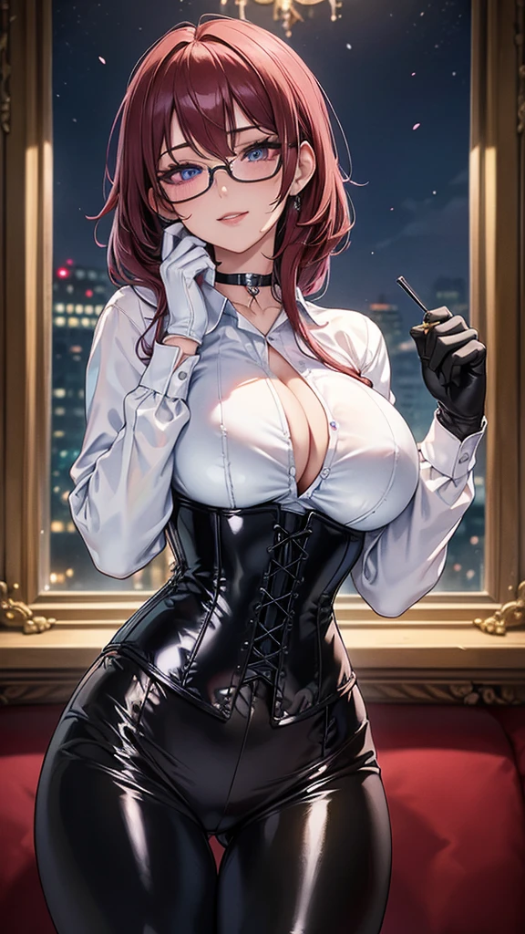 Masterpiece, Beautiful art, professional artist, 8k, art style by sciamano240, Very detailed face, Detailed clothing, detailed fabric, 1 girl, big breasts, standing, front view, perfectly drawn body, pose sexy, beautiful face, long dark crimson hair, Blue eyes, very detailed eyes, pink cheeks, seductive expression, loving smile, glasses, choker:1.6, (long sleeve white collar buttoned shirt), (shiny black corset), black gloves covering your hands, (shiny black leggings), Sensual Lips , winter night, show details in the eyes, looking at the viewer, elegant room, at night,