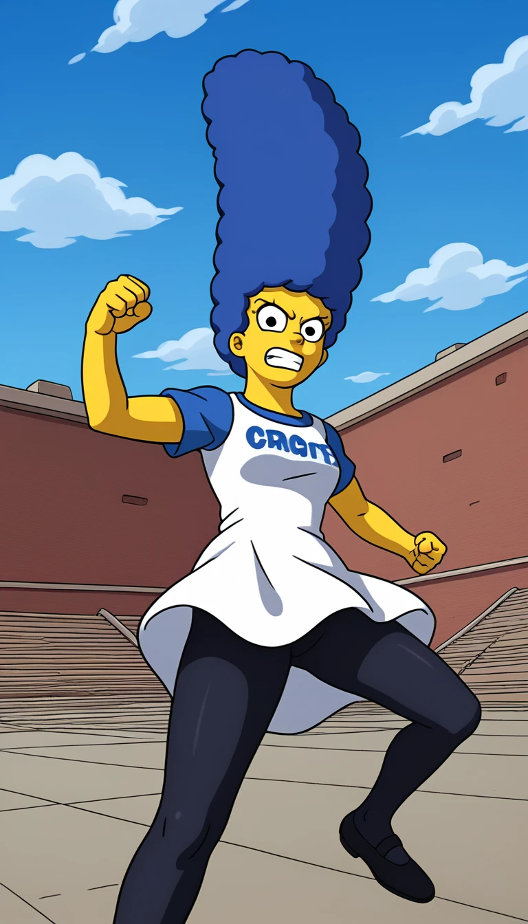 (((marges, blue hair, 1girl, solo, alone, colored skin, yellow skin))), zPDXL flat color, looking at viewer, smile,
long sleeves, white boots, sky, cloud, blue sky, clothes writing, orange dress, text print, from below, dress over shirt, clenched hands, blue shirt, black tights, print dress, midair, floating, ,
dynamic pose, dynamic angle, cowboy shot,
outdoor, day,