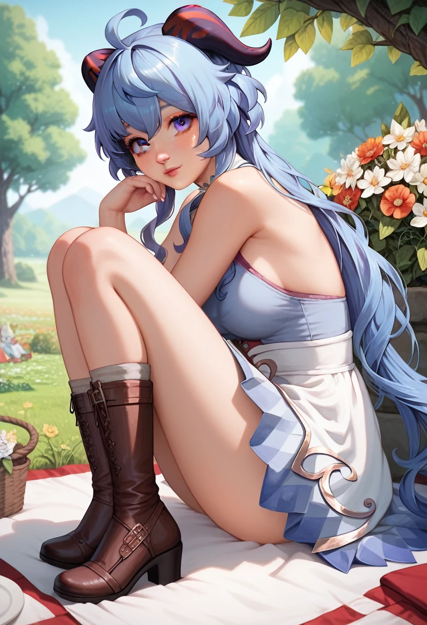 best quality, masterpiece, anime girl , young girl, 24 years old, thick legs , 1 girl, bangs,long hair, cute face, perfect shot, perfect anatomy, ganyu, medieval, garden background, mountais, forest, full body,  4k, high resolution , detailed face, detailed eyes, purple eyes, sitting, picnic, panorama pov, side view, watching the scenery, view from behind