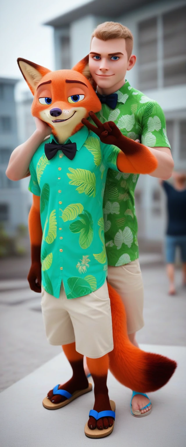 check_9, check_8_up, check_7_up, rating_safe,source_fluffy,antro,source_3d, Nick Wilde, male muscular falcon (fursuit version) looking at viewer gesture of peace and love (standard green Hawaiian shirt, brbki hacka, sandals,bow tie,Russia Moscow) (ultra realistic, almost looks like a person) (Blue eyes)