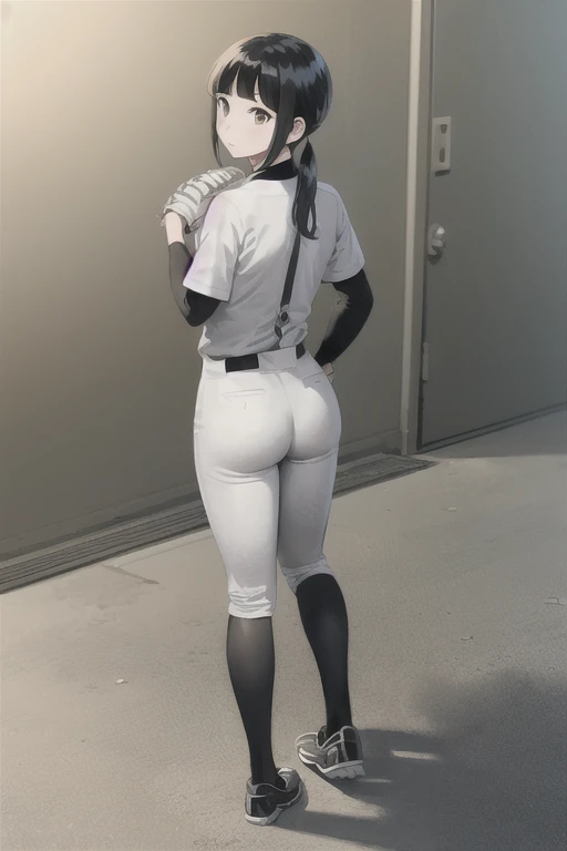 View your viewers, 
Black Hair,(Tied Hair,Blunt bangs:1.2), Small breasts, 
(Baseball uniforms:1.2), (Highest quality:1.3),One girl,Full Body Shot、Backwards、look back