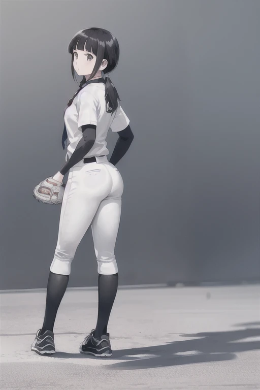 View your viewers, 
Black Hair,(Tied Hair,Blunt bangs:1.2), Small breasts, 
(Baseball uniforms:1.2), (Highest quality:1.3),One girl,Full Body Shot、Backwards、look back