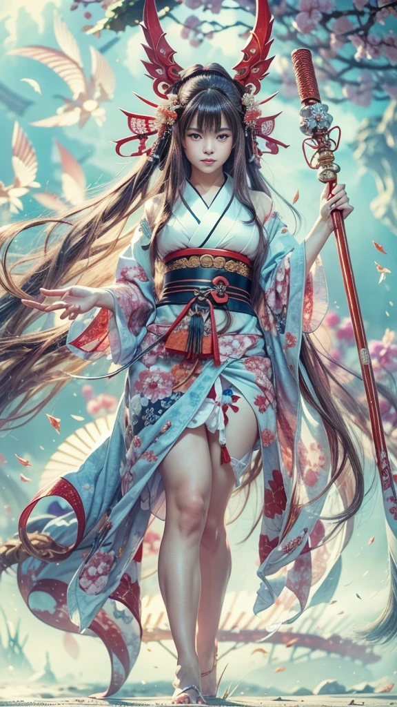 (32k:1.5, Highest quality, masterpiece, Ultra-high resolution), Perfect dynamic composition, Professional camera work:1.6, Enchantingな肖像画:1.3, Cinematic Light, Very detailedな肌と顔の質感:1.3, Very accurate, Very detailed, (Ride the Red Dragon:1.3, Holding a walking stick), (Enchantingな:1.2, Great background:1.2, tradition:1.2, Belligerent:1.2, Majestic:1.2), Adult female, Graceful Goddess, Incredibly slim body, Fair skin, (smile:0.9, Totally captivates you:1.0), (Fractal Art:1.0, Japanese Shrine Maiden Costume:1.3), Ample breasts, Sensual sitting position:0.6, Calm pose, (Beautiful Blue Eyes, Beautiful erotic eyes:0.8, Feel the beautiful eroticism:0.9), romantic, dramatic, mysterious, Object of admiration, Artistic, Innovative, Enchanting, sense of openness, sense of cleanliness, Heartful, Fancy, exciting, Extreme, ((Adult charm, Feminine charm, Hair blowing in the wind))