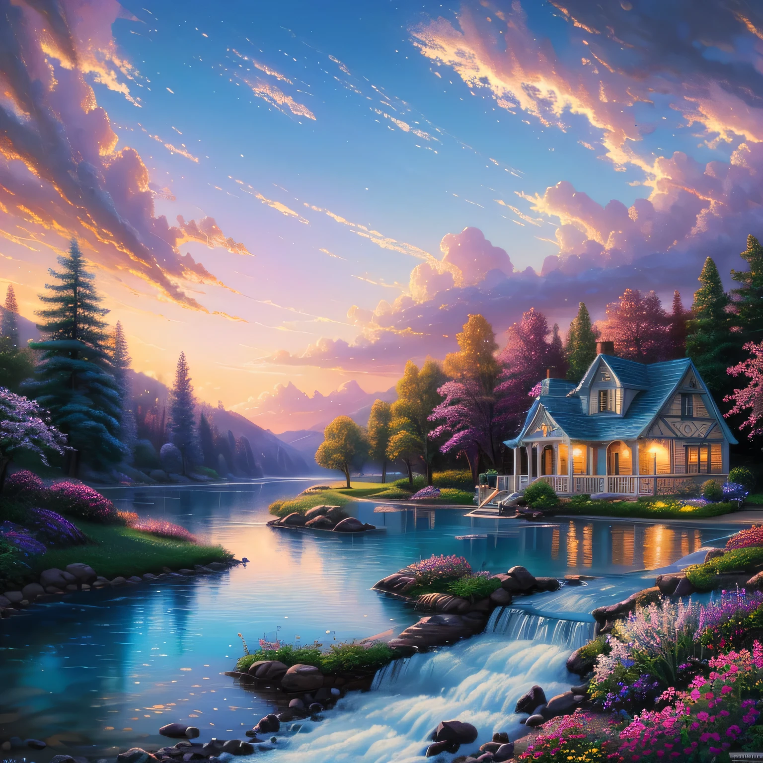 (magical pretty Sky blue stream overlay scene), (Sky), (cloud), Soft lighting, Clean background, beautiful Sky scenery, masterpiece, high quality, Beautiful graphics, High Detail,By Thomas Kinkade (Thomas Kincaid) Draw the, Art Station, Clear focus, Inspiring 8k wallpapers,