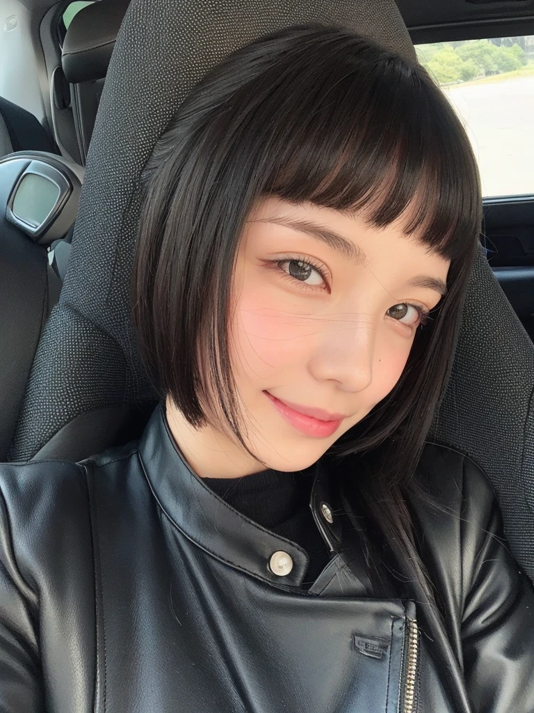 Pale teenage girl with silky black hair and bangs above her eyebrows, with small pink lips and a slightly thin potato nose and light green eyes, taking photo in a black car looking at the camera and smiling and good quality