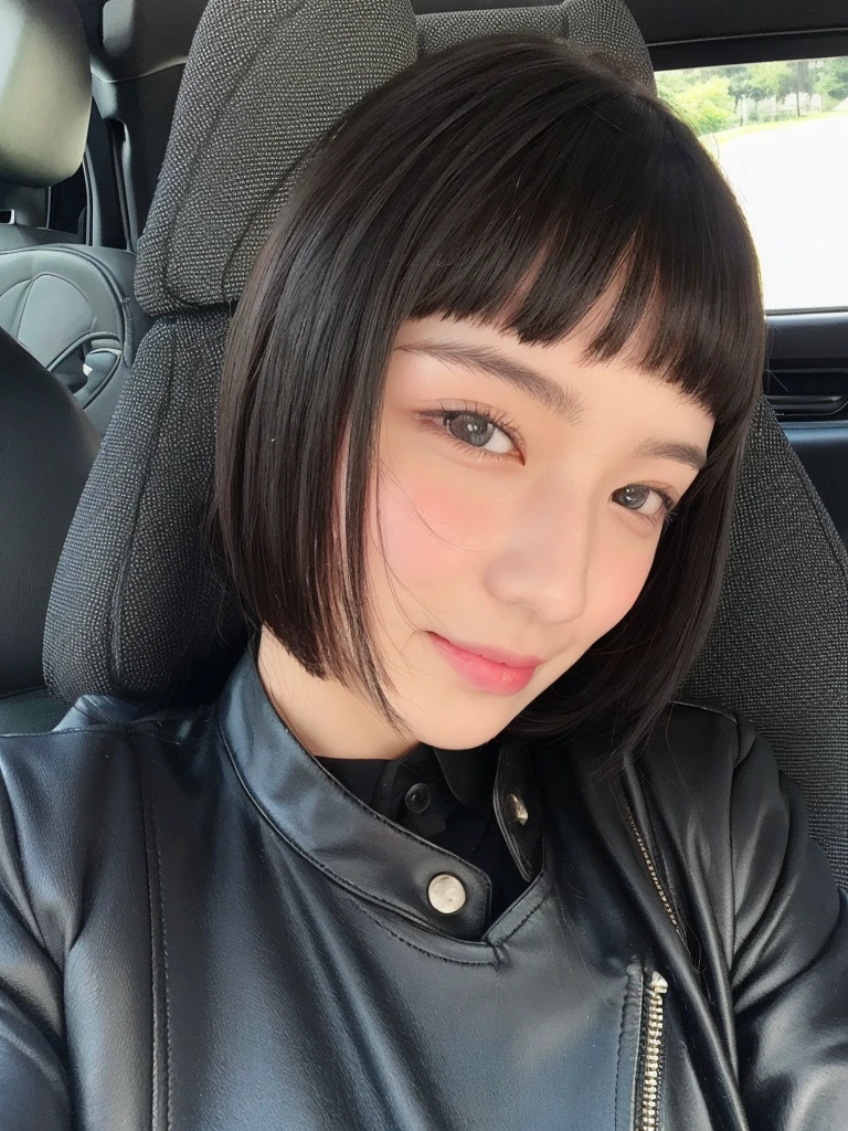 Pale teenage girl with silky black hair and bangs above her eyebrows, with small pink lips and a slightly thin potato nose and light green eyes, taking photo in a black car looking at the camera and smiling and good quality
