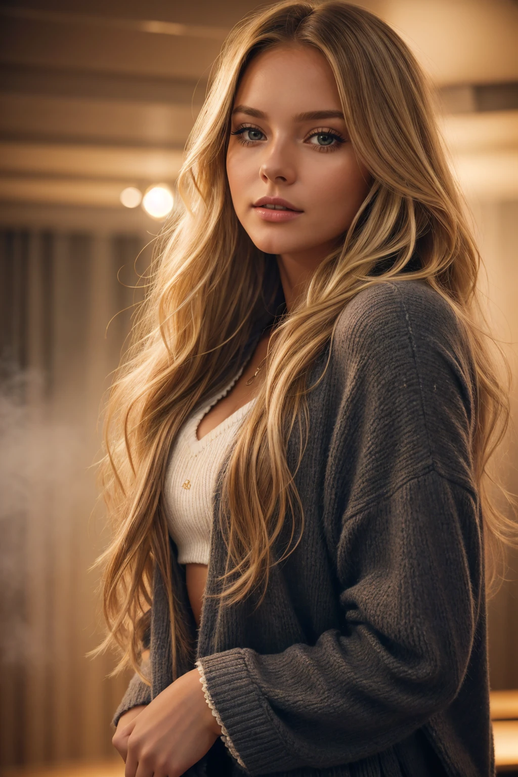 professional portrait photograph of a gorgeous 18 year,Norwegian girl Lise Olsen in club clothing with long wavy blonde hair, sultry flirty look, gorgeous symmetrical face, cute natural makeup, wearing elegant warm winter fashion clothing, ((singing inside in a Club)), stunning modern urban environment, ultra realistic, concept art, elegant, highly detailed, intricate, sharp focus, depth of field, f/1. 8, 85mm, medium shot, mid shot, (((professionally color graded))), bright soft diffused light, (volumetric fog), trending on instagram, hdr 4k, 8k