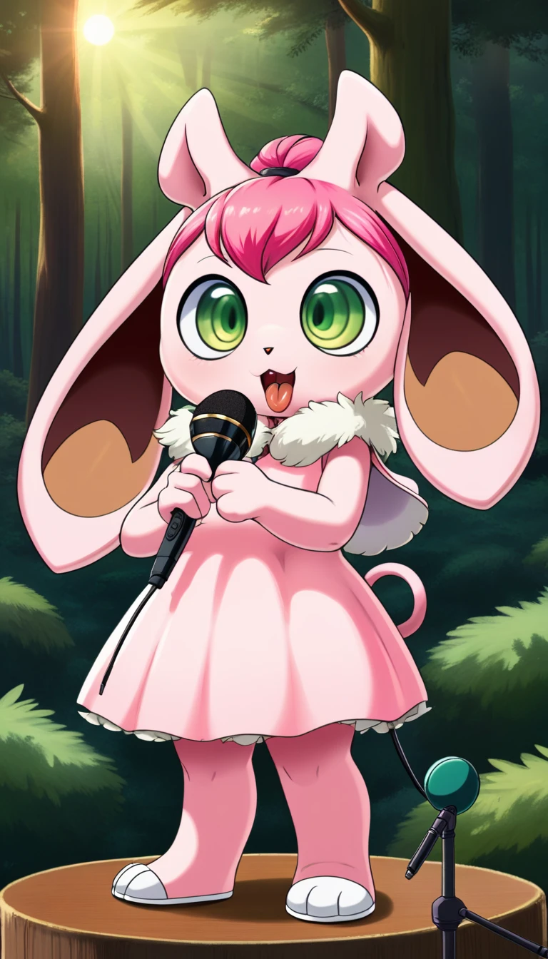 score_9_superior, score_8_superior, score_7_superior, Highest quality, masterpiece, sauce_anime, Detailed Background, forest, light, Break 1 Girl, alone, Pudding_(\Pokemon\), Pokemon_(Living things), Pink body, Round body, Big Ears, Pink Hair, Big eyes, Green Eyes, sing, (Holding a microphone:1.3), smile, Open your mouth,