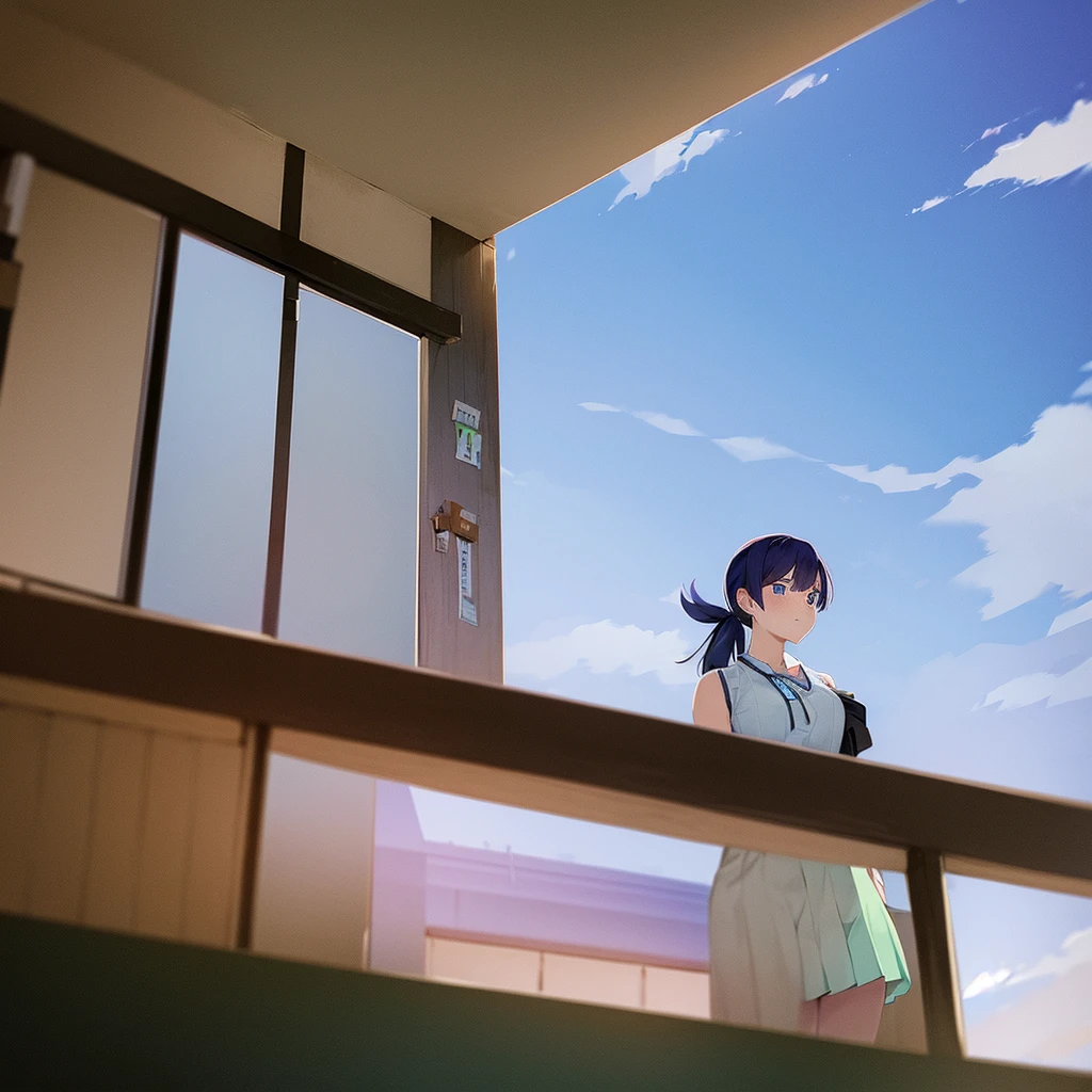 You can create anime images of a 17-year-old girl, She sits at her desk near the window in her classroom with a few students on the first floor of a white school with a wooden floor in the city of Japan., A schoolyard is reflected in the windows with trees covered in snow nearby during the day with many clouds (Plano lateral). He is 162 cm tall and his measurements are B 40, W 30 y H 80; She has medium length sapphire violet hair tied in a low ponytail., his eyes are hazel, He has a serene expression while reading a blue-cover book, wears a white long-sleeved shirt, a cream-colored V-neck sleeveless vest sweater, pleated skirt with green checks, white leggings and brown shoes.