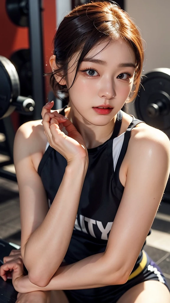 Highly detailed CG Unity 8K wallpapers，top Quority，Super detailed，tmasterpiece，realisticlying，photograph realistic，Very detailed cute girl，25 age old，musculature，Microabs，Round eyes，peeping at the viewer，Be red in the face，parted lip，Half-body shooting，
track suit ， gym room，black fishnet stocking , short  hair 