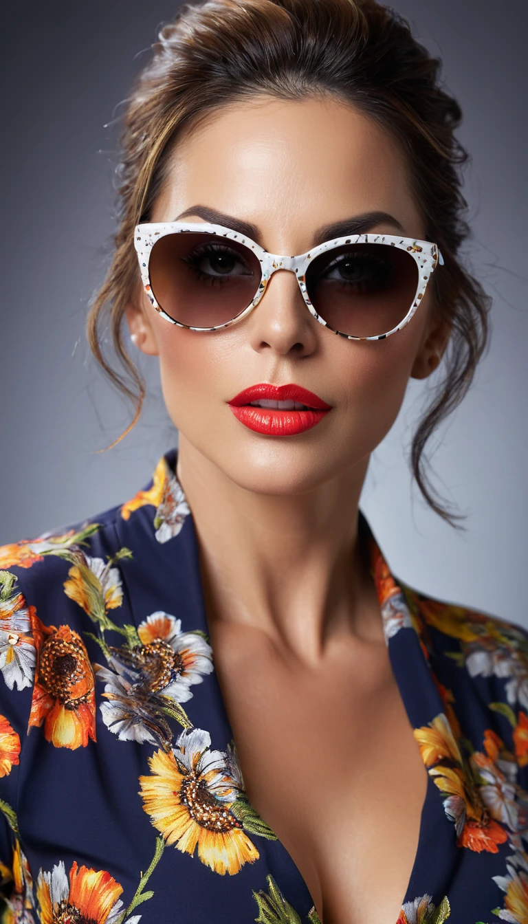 American milf women wearing sun glasses, detailed portrait, sharp focus, high resolution, photorealistic, beautiful detailed eyes, beautiful detailed lips, extremely detailed face, longeyelashes, fresh and agile look, stylish outfit, dynamic pose, studio lighting, vivid colors, professional photography
