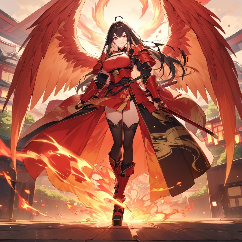 A woman wearing red heavy samurai armor with gold details, samurai shoulder pads, samurai bracelet, samurai boots, holding a red katana without a sheath, wings of a large fire bird, large wings, fire aura, floating over a open area in Japanese aesthetics, Japanese environment, black hair, long hair, ahoge, red eyes, smiling, big breasts, fire effect, a large phoenix around, location at sunset, close view
