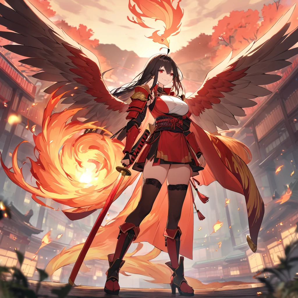 A woman wearing red heavy samurai armor with gold details, samurai shoulder pads, samurai bracelet, samurai boots, holding a red katana without a sheath, wings of a large fire bird, large wings, fire aura, floating over a open area in Japanese aesthetics, Japanese environment, black hair, long hair, ahoge, red eyes, smiling, big breasts, fire effect, a large phoenix around, location at sunset, close view
