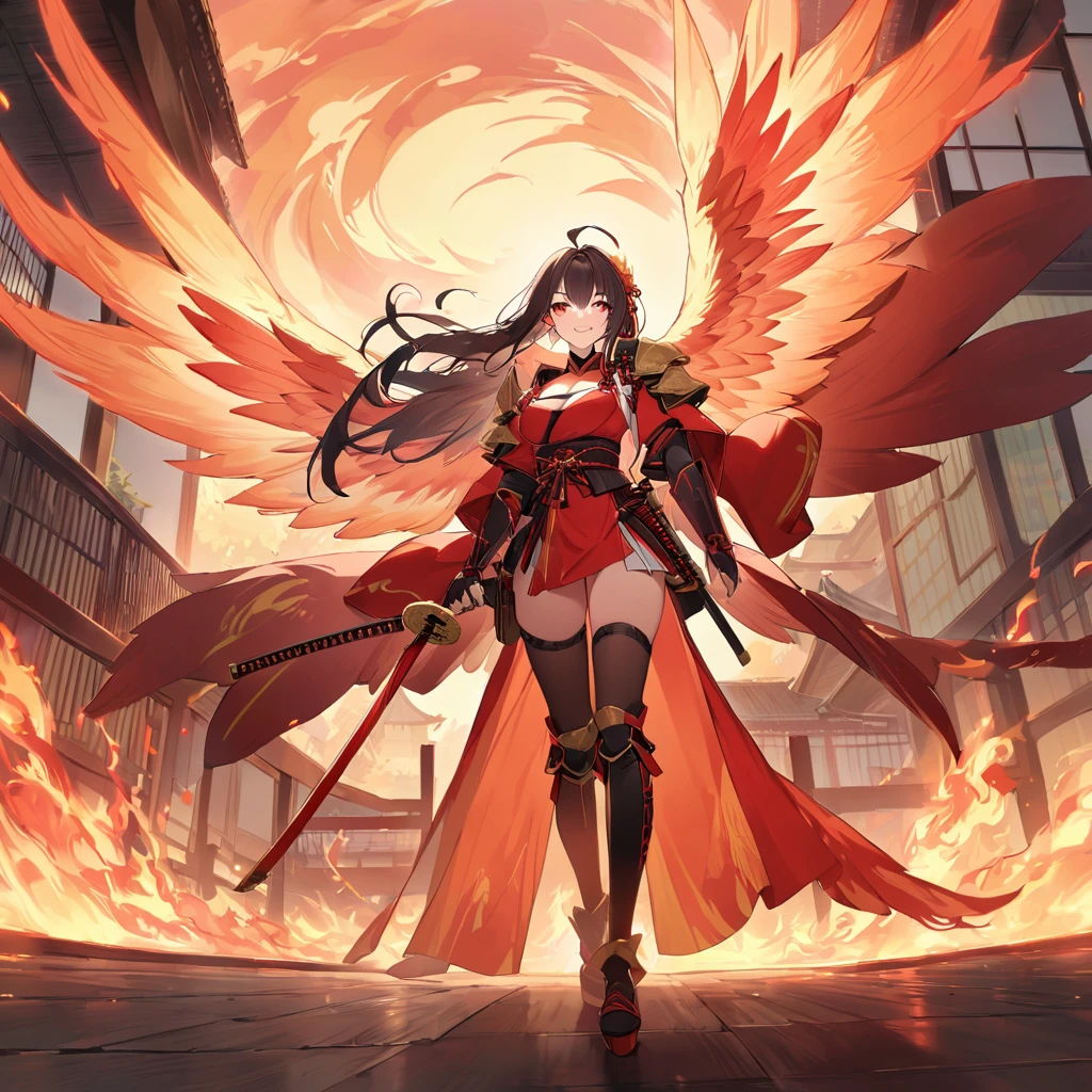 A woman wearing red heavy samurai armor with gold details, samurai shoulder pads, samurai bracelet, samurai boots, holding a red katana without a sheath, wings of a large fire bird, large wings, fire aura, floating over a open area in Japanese aesthetics, Japanese environment, black hair, long hair, ahoge, red eyes, smiling, big breasts, fire effect, a large phoenix around, location at sunset, close view
