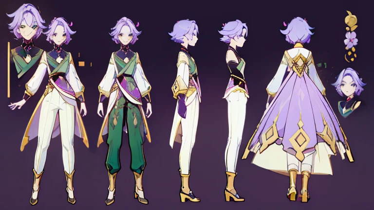 (Masterpiece, best quality), detailed, 1 woman, ((character concept art)), ((character design sheet, same character, front, side, back)), full body, body complete, 1 female, 1 women. Detailed face, character design sheet full body, Highly detailed, character sheet, character design, Many parts, pale skin, green eyes, short purple hair, male hairstyle, lavender flower reference, lavender flower character reference, lavender flower inspired, male clothes, flat chest, Solarpunk, Solarpunk reference, Solarpunk inspired outfit, pants.