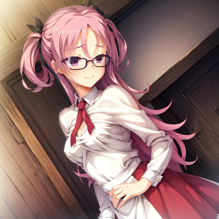 seductive, ((forehead to show)), attractive, sexy eyes, red coat, pink hair, delicate, young, long hair, detailed face, high definition, full body, maid, embarrassed smile, cafe, hands behind back, wearing red glasses