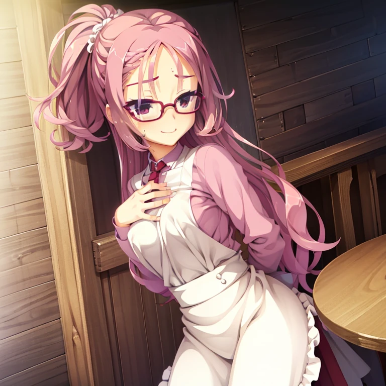 seductive, ((forehead to show)), attractive, eyes, red coat, pink hair, delicate, young, long hair, detailed face, high definition, full body, maid, embarrassed smile, cafe, hands behind back, wearing red glasses