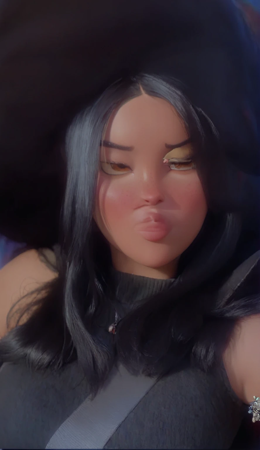 Woman with black hair, brown eyes and red cheeks