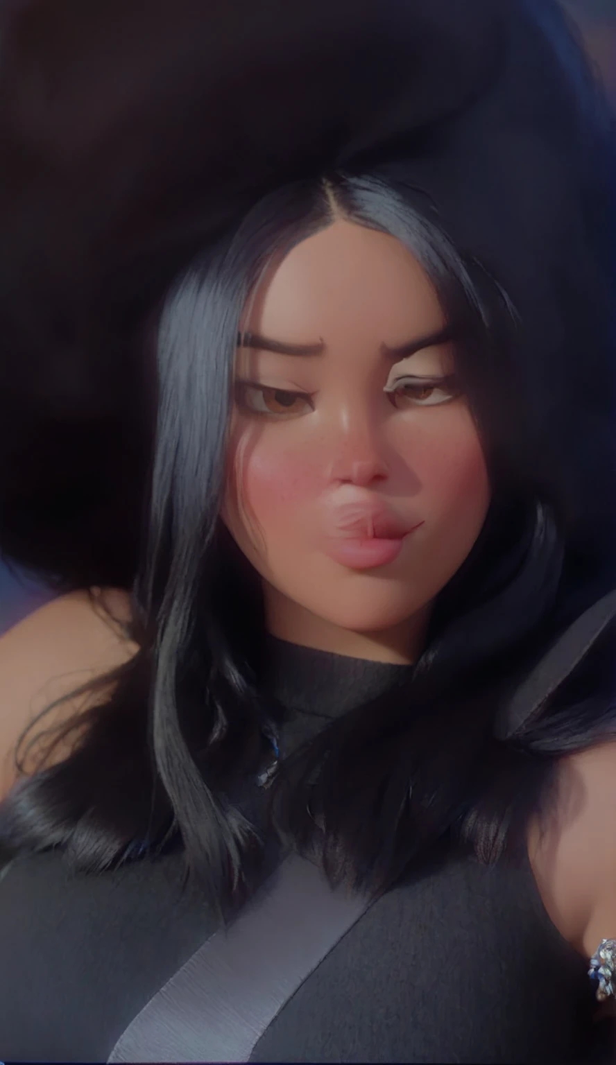 Woman with black hair, brown eyes and red cheeks