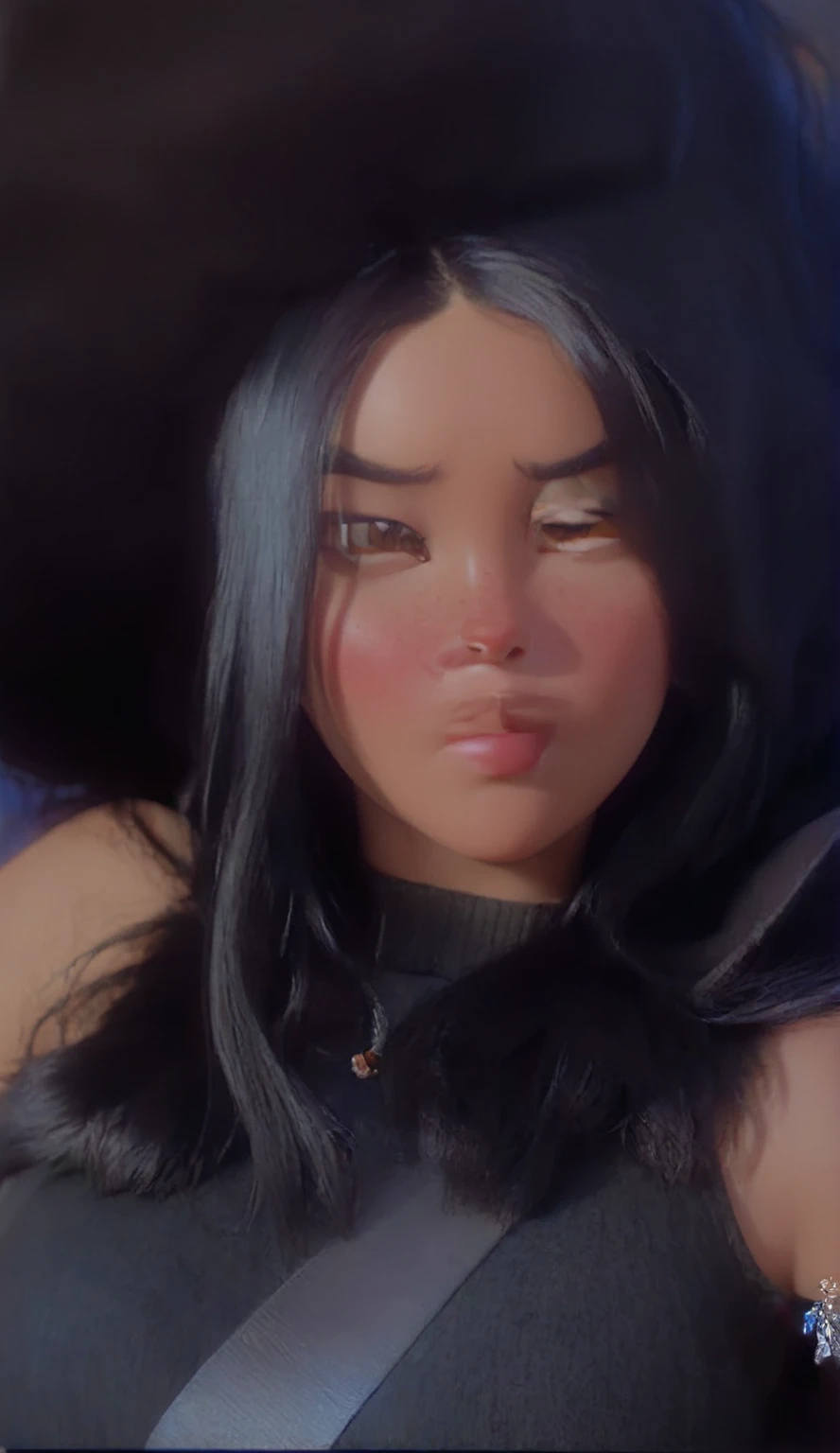 Woman with black hair, brown eyes and red cheeks