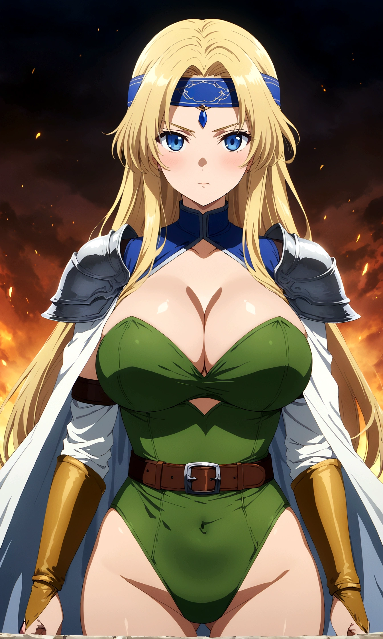 score_9, score_8_up, score_7_up,,BREAK source_anime, from side,front view,standing,straight-on,medium shot,looking_at_viewer,1girl, celes chere, final fantasy.blonde hair, blue eyes, green leotard, headband,  large breasts,cleavage, pauldrons, circlet, bridal gauntlets, belt, white cape, vambraces,bracer,  very long hair, bangs, closed mouth,.tundere,, (best quality),(aesthetic,very aesthetic),masterpiece, highres, (anime screenshot:0.5),holding sword,