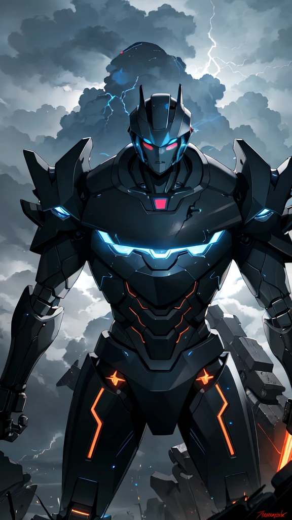 A colossal robot standing in the midst of a violent thunderstorm. The robot has a powerful and intimidating presence with a sleek, armored body in shades of dark blue and red. Its eyes are glowing brightly, and a radiant energy core is visible on its chest. Lightning bolts are striking around and onto the robot, illuminating the scene with intense, dramatic light. The robot’s cape is tattered and flutters in the fierce wind. The background is filled with dark, stormy clouds, with occasional bursts of lightning cutting through the sky. The overall atmosphere is intense and electrifying, conveying a sense of epic power and dominance.