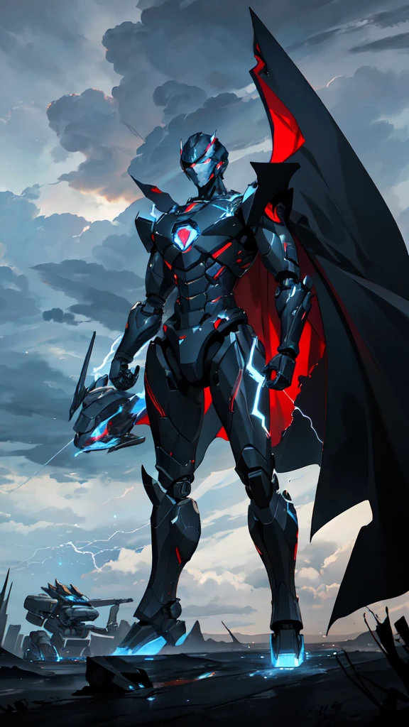A colossal robot standing in the midst of a violent thunderstorm. The robot has a powerful and intimidating presence with a sleek, armored body in shades of dark blue and red. Its eyes are glowing brightly, and a radiant energy core is visible on its chest. Lightning bolts are striking around and onto the robot, illuminating the scene with intense, dramatic light. The robot’s cape is tattered and flutters in the fierce wind. The background is filled with dark, stormy clouds, with occasional bursts of lightning cutting through the sky. The overall atmosphere is intense and electrifying, conveying a sense of epic power and dominance.