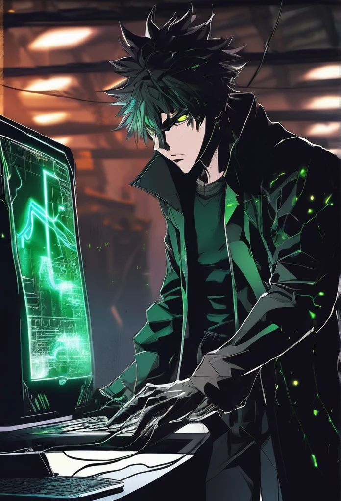 anime man with a dark and brooding demeanor, with glowing green eyes and a malicious grin, into a powerful computer with visible electric currents flowing through his body, while ominous shadows surround him, (sinister:1.2), (dark and moody lighting), (ominous atmosphere), (contrast between light and darkness)