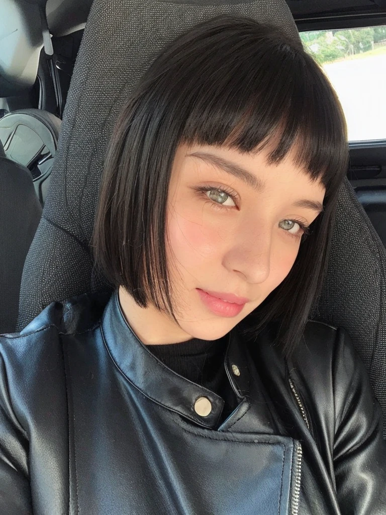 Pale age girl with silky black hair and bangs above her eyebrows, with small pink lips and a slightly thin potato nose and light green eyes, taking photo in a black car looking at the camera and smiling and good quality