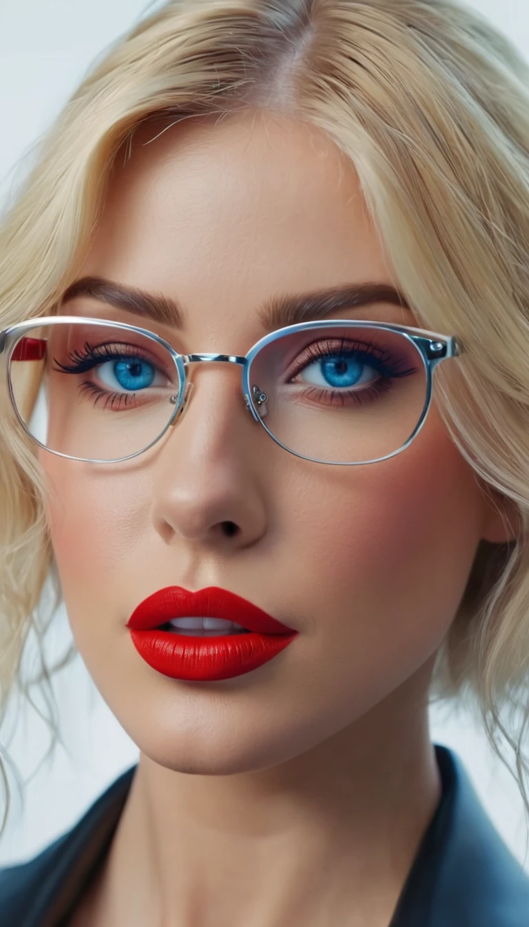 pretty Woman, pretty face, blue eyes, she wears glasses, red lips with red lipstick, Hair is blonde,create an image demonstrating the Stil of ((Cyber Stylin)) Stil, hyper realism, 8K high resolution, bright colours, keen focus, insanely detailed