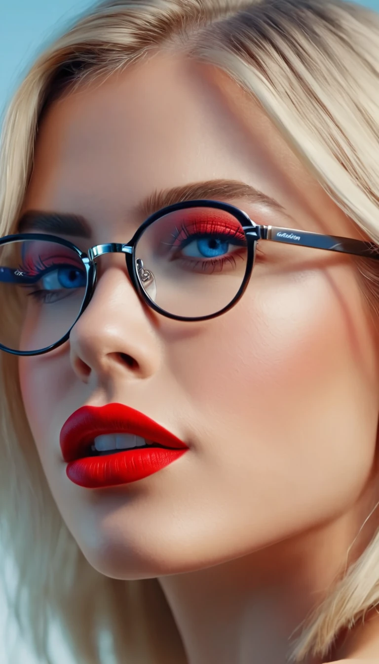 pretty Woman, pretty face, blue eyes, she wears glasses, red lips with red lipstick, Hair is blonde,create an image demonstrating the Stil of ((Cyber Stylin)) Stil, hyper realism, 8K high resolution, bright colours, keen focus, insanely detailed
