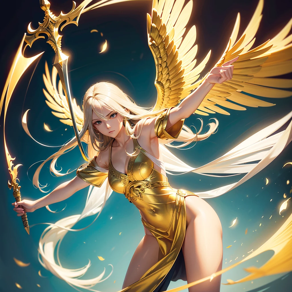 1 imposing serene angel, intense eyes, majestic wings, radiating aura of strength and calm, golden flowing hair, simple yet elegant robes, protective stance, holding a sword of light in left hand, glowing yellow aura, photorealistic, cinematic lighting, highly detailed, masterpiece